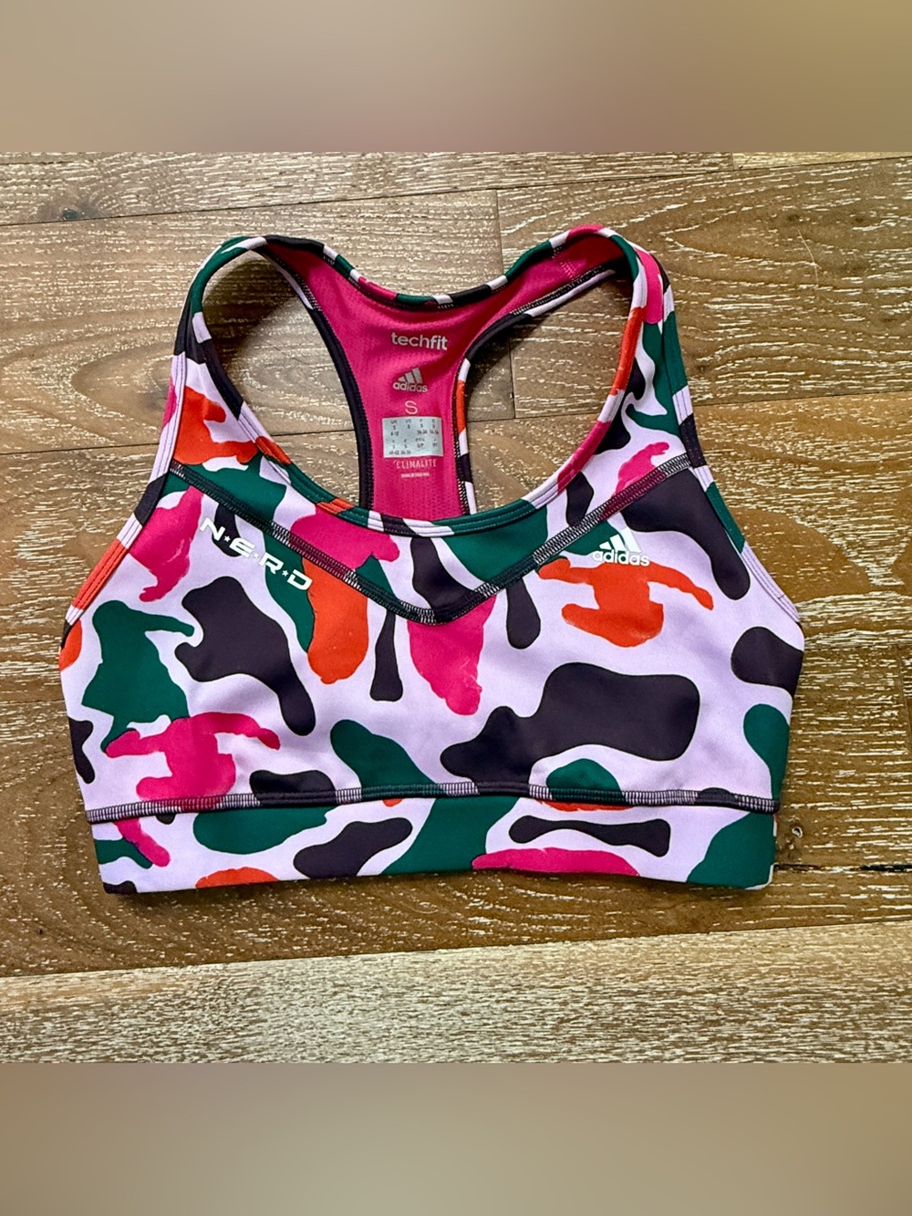 adidas N.E.R.D Pink Green Orange Camo Sports Bra / Pharrell Collab / Sz Small
